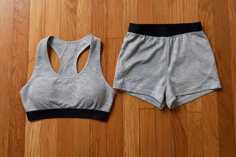 Grey marl sports bra and matching athletic shorts laid flat on wooden floor