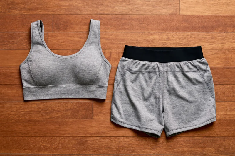 Grey marl sports bra and matching athletic shorts laid flat on wooden floor