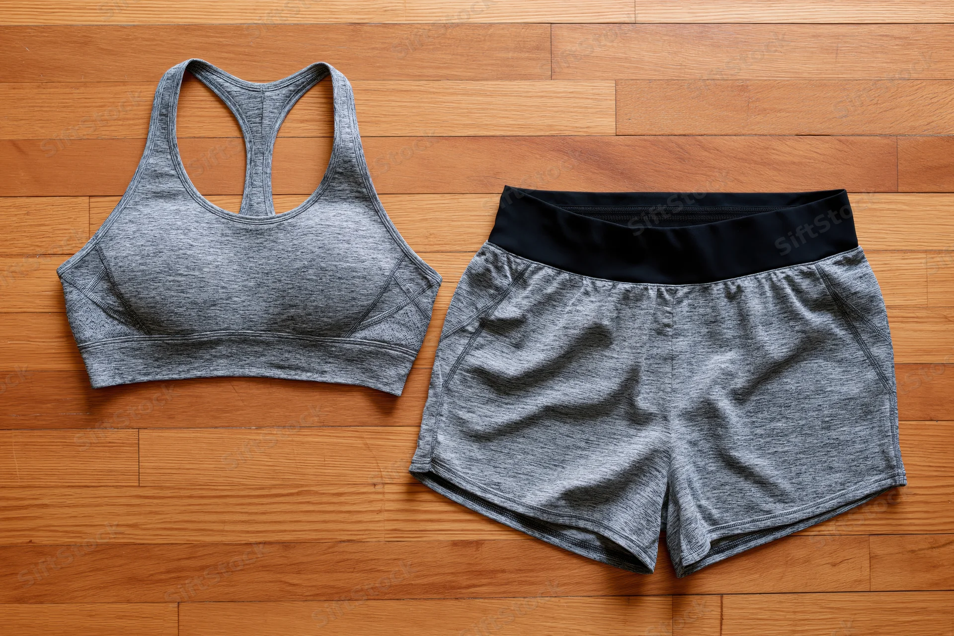 Grey marl sports bra and matching athletic shorts laid flat on wooden floor