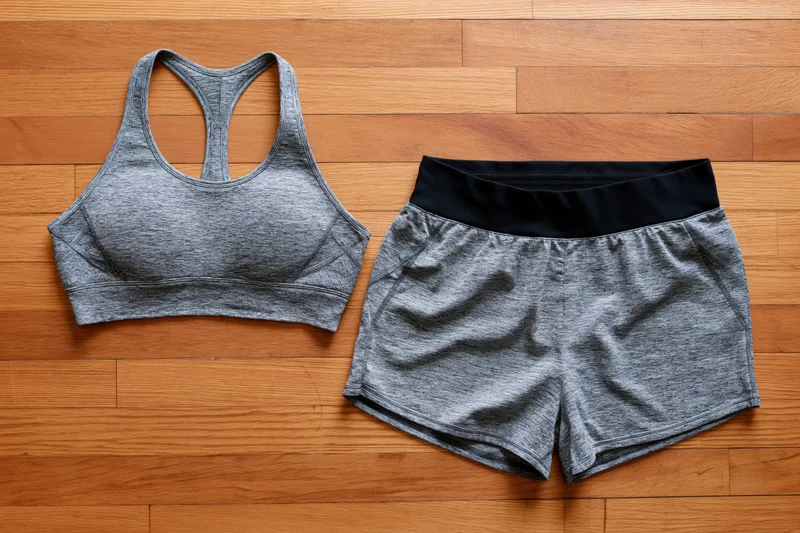 Grey marl sports bra and matching athletic shorts laid flat on wooden floor