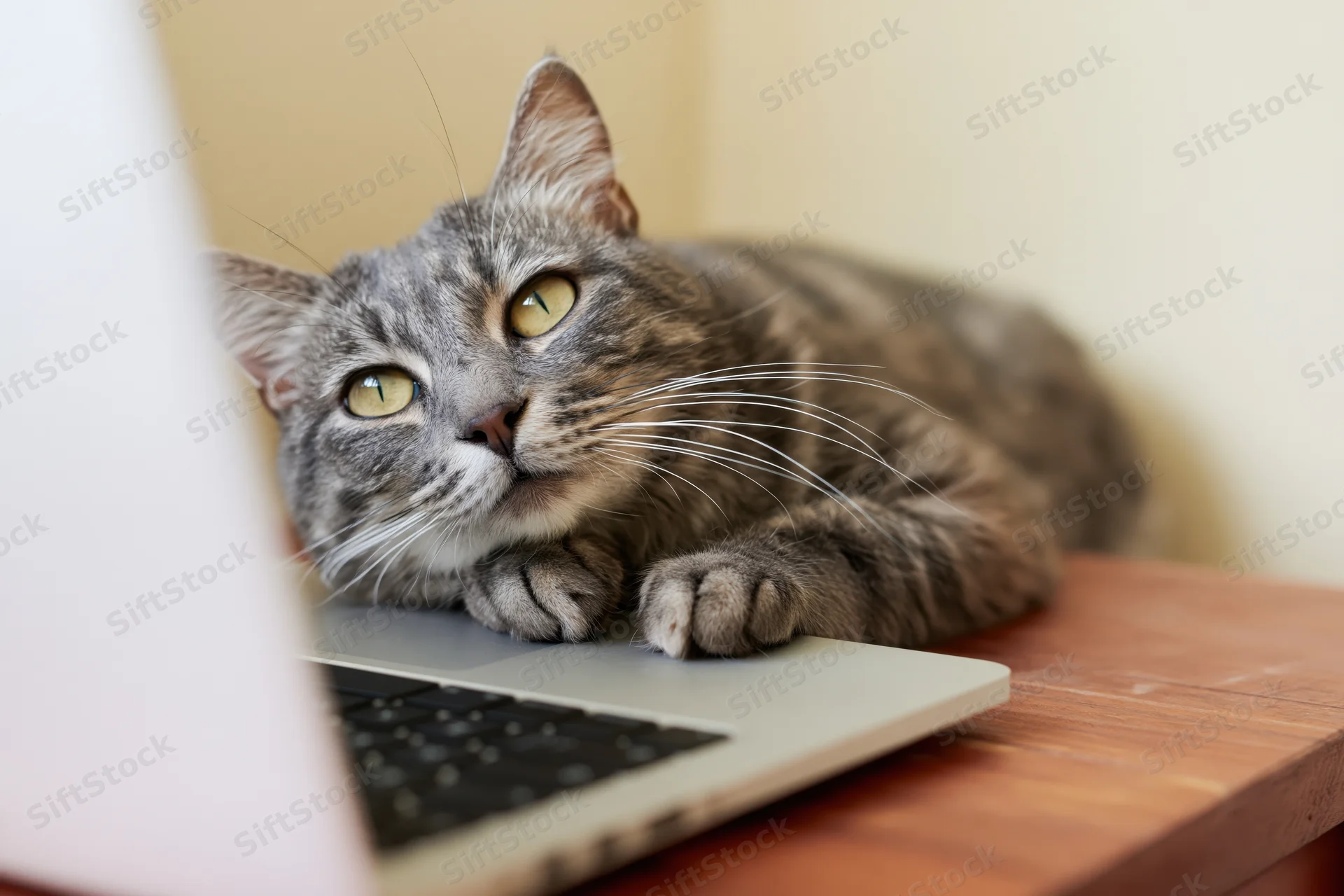 Grey tabby cat resting with paws on laptop keyboard on wooden desk
