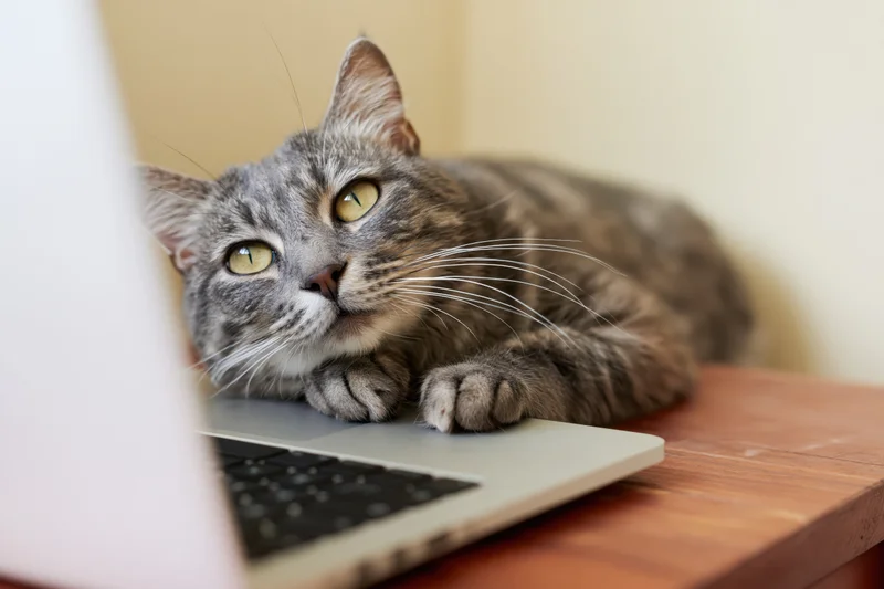 Grey tabby cat resting with paws on laptop keyboard on wooden desk