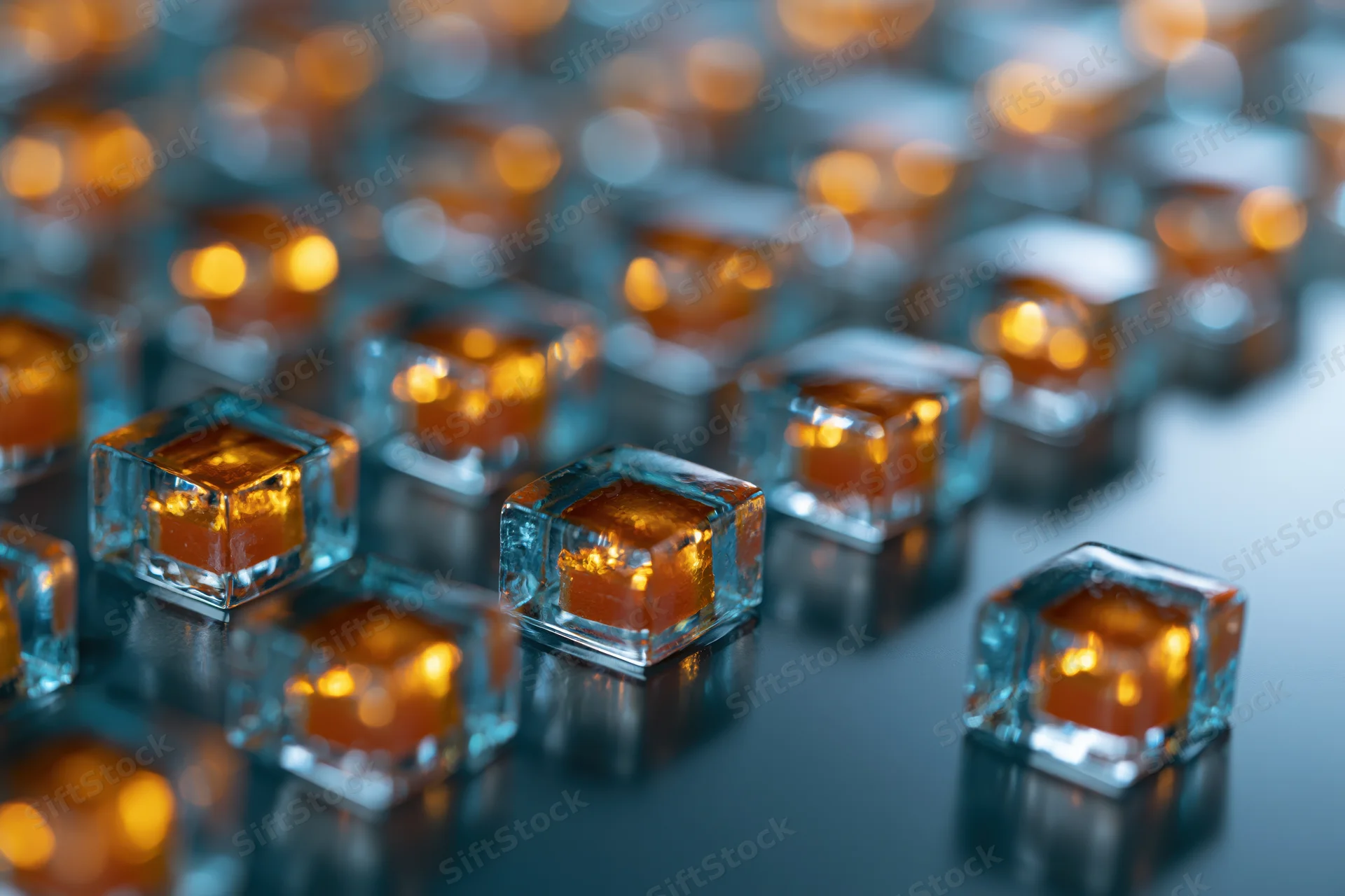 Grid of translucent glass cubes with amber light reflections arranged in rows on a reflective surface
