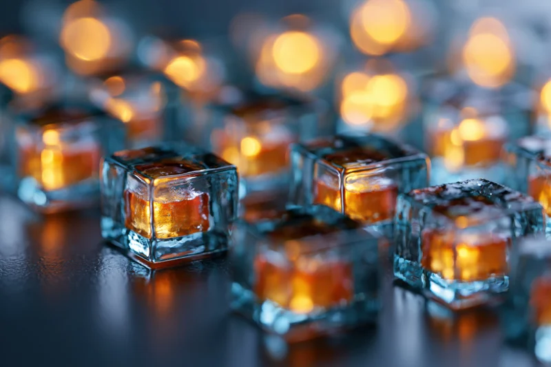 Grid of translucent glass cubes with amber light inside arranged in rows on dark reflective surface