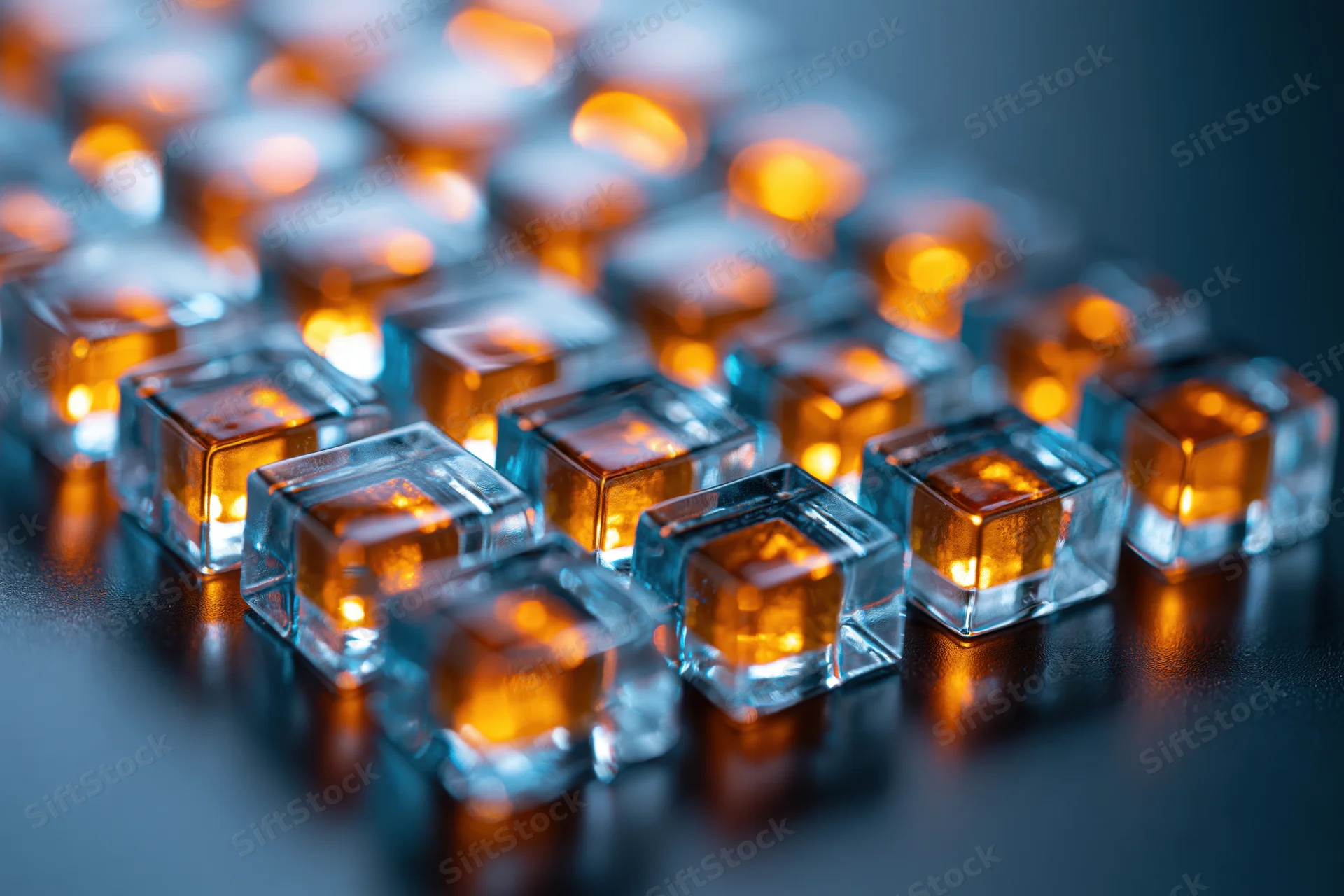Grid of translucent glass cubes with internal amber light arranged in rows on dark surface