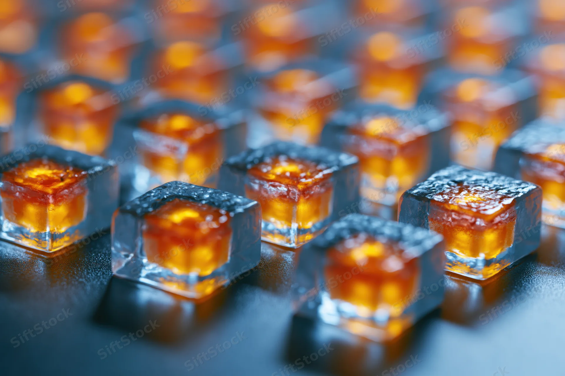 Grid of translucent glass cubes with amber light glowing inside arranged in rows on dark surface