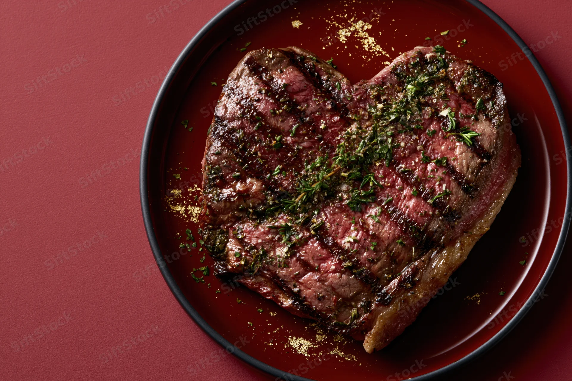 Heart-shaped grilled steak topped with herbs on a red plate