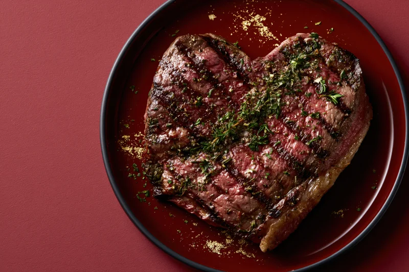 Heart-shaped grilled steak topped with herbs on a red plate