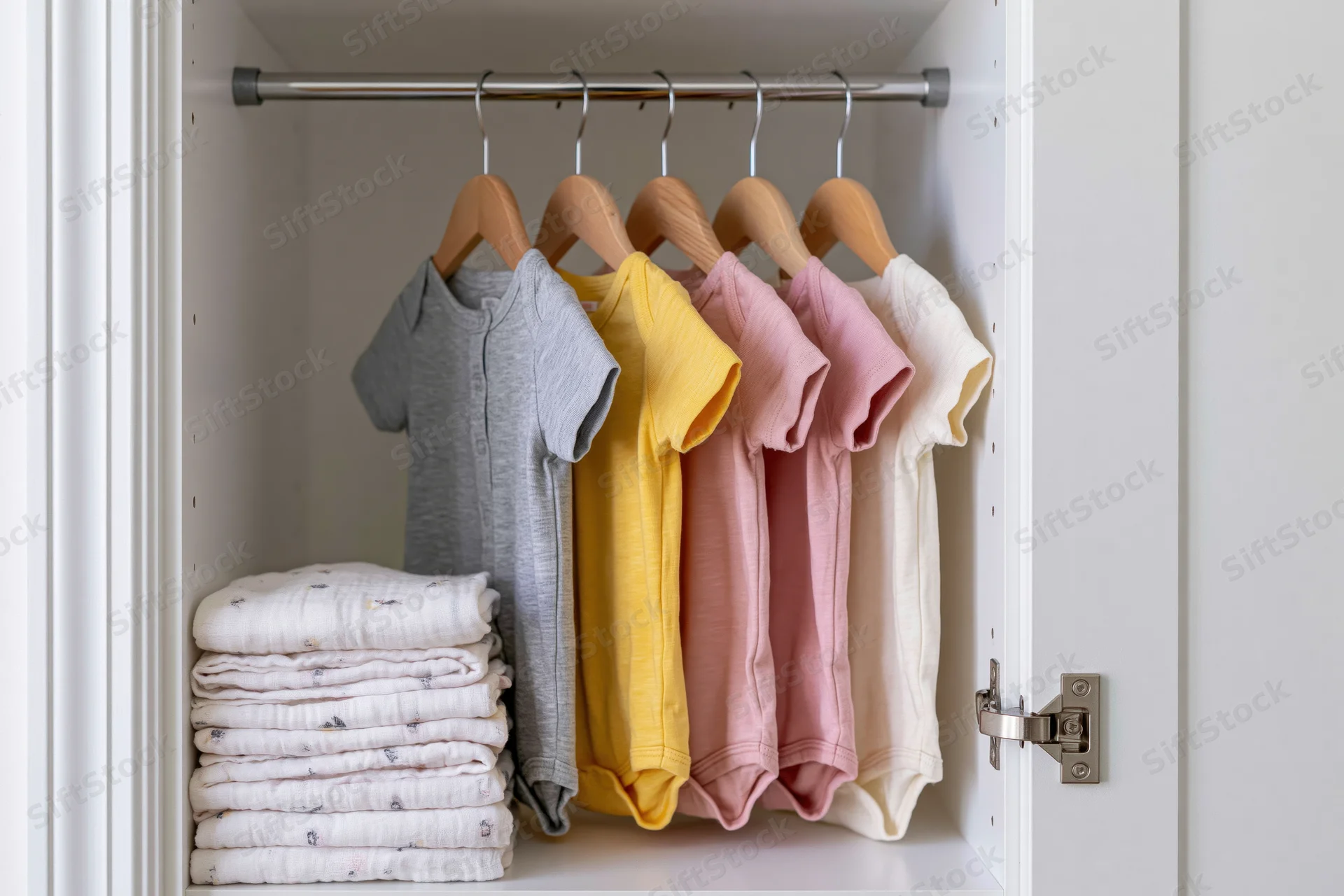 Baby onesies hanging on wooden hangers inside a white wardrobe with folded clothes stacked below