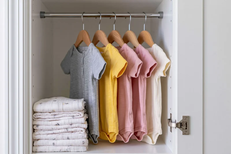 Baby onesies hanging on wooden hangers inside a white wardrobe with folded clothes stacked below