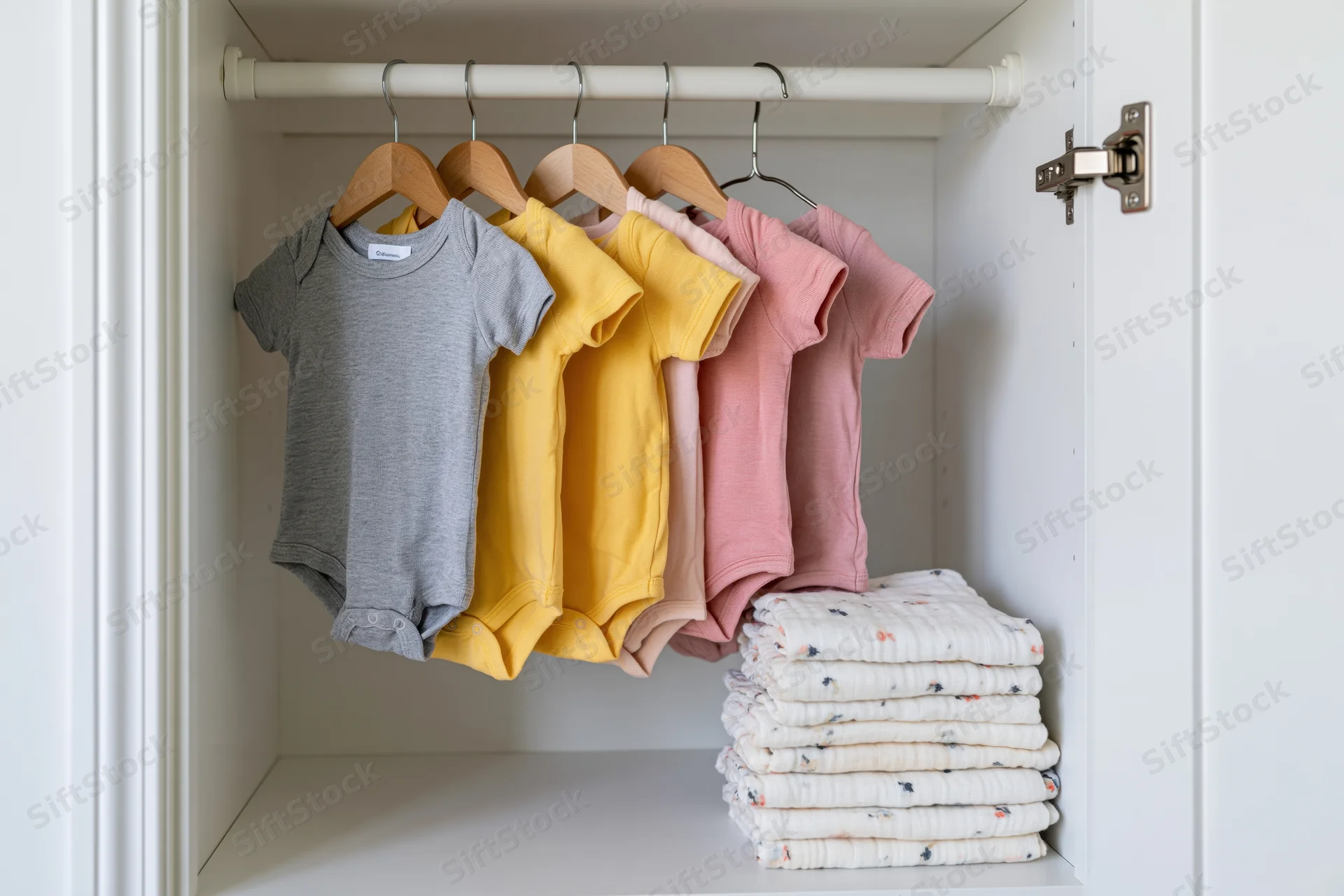 Baby onesies hanging on wooden hangers inside a white wardrobe with a stack of folded blankets below