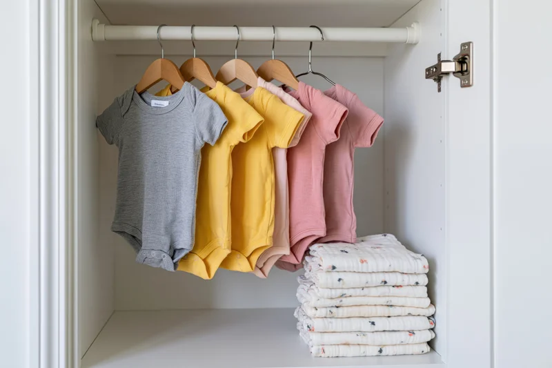 Baby onesies hanging on wooden hangers inside a white wardrobe with a stack of folded blankets below