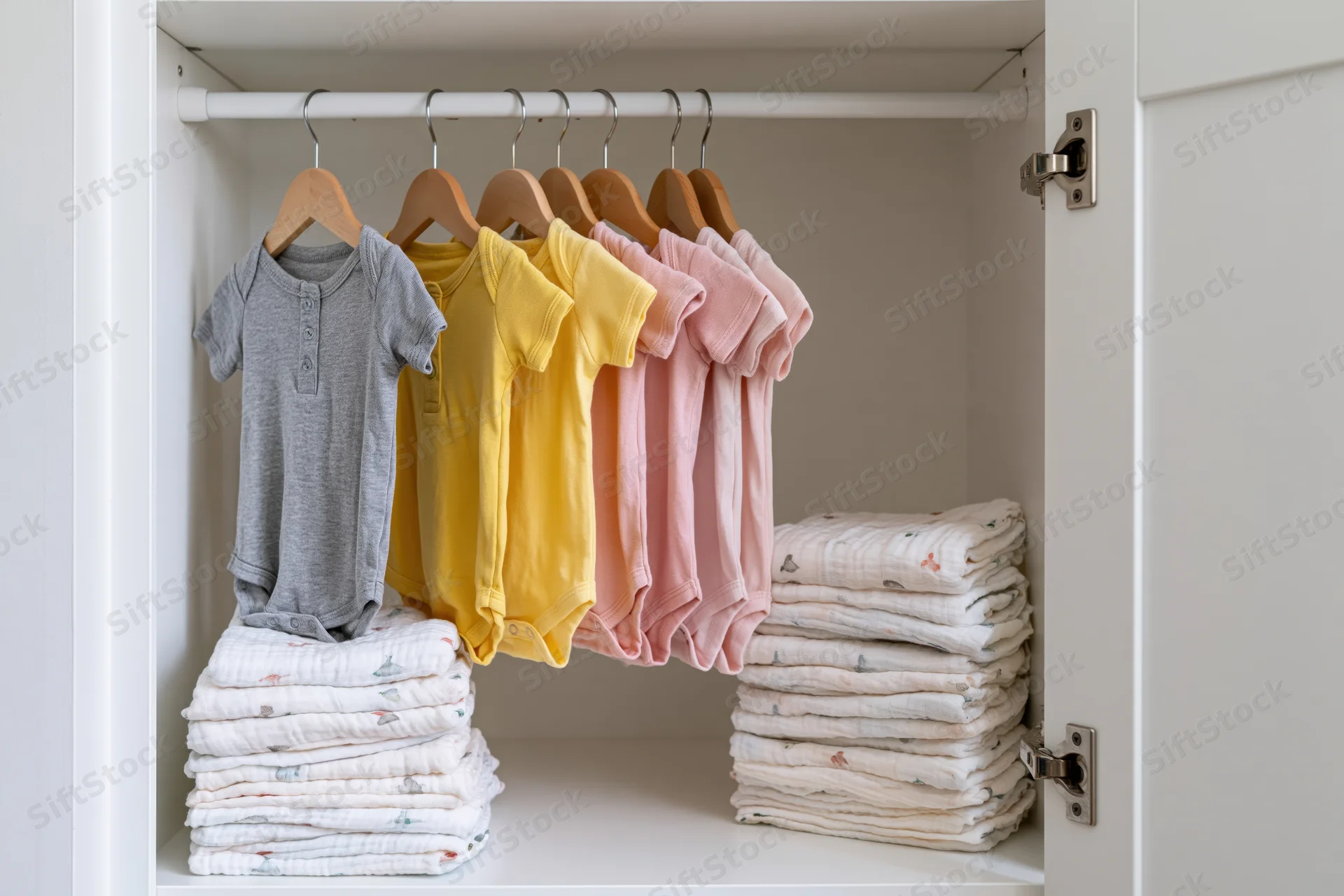 Baby onesies hanging on wooden hangers inside a white wardrobe with stacks of folded blankets on shelves