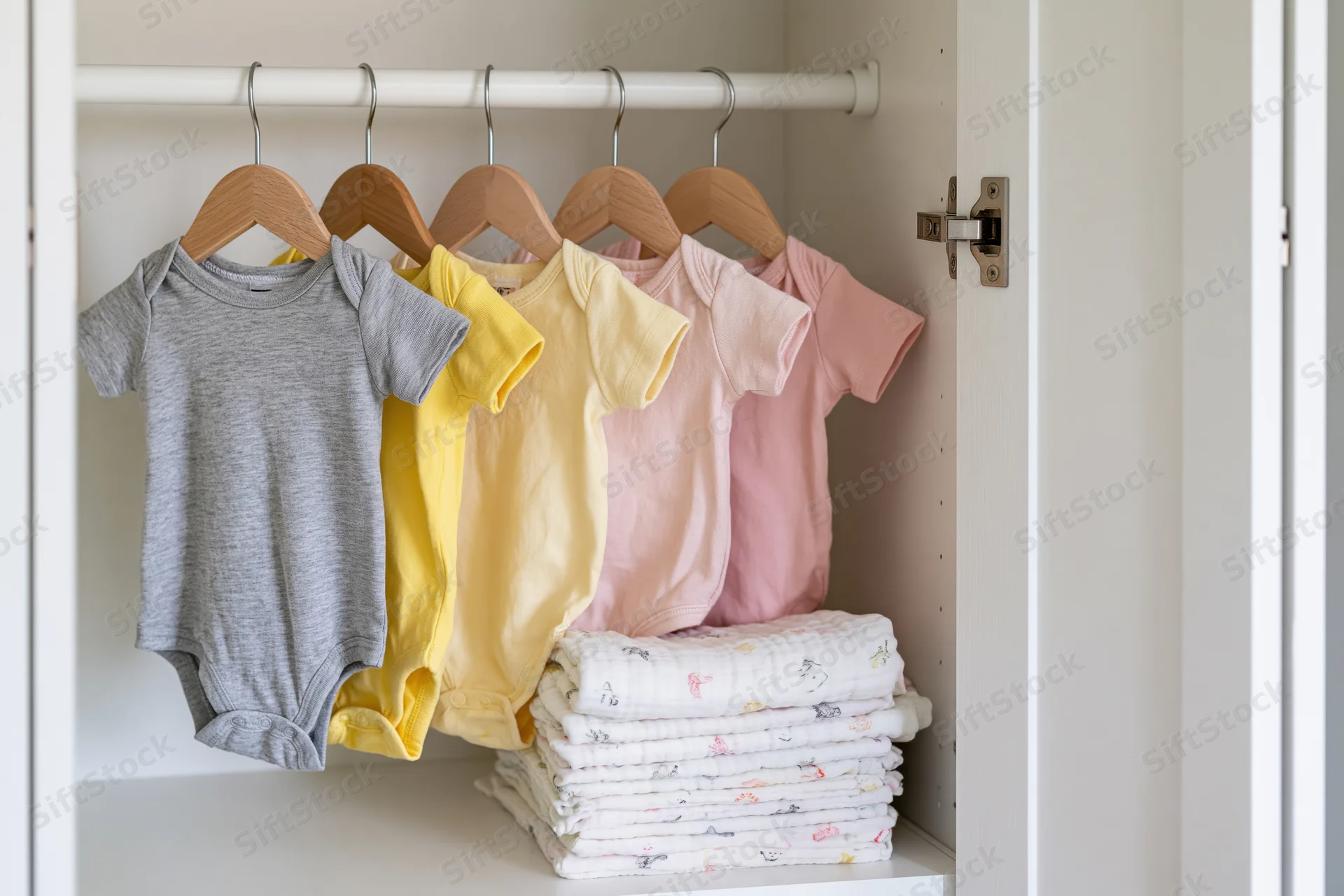 Five baby onesies hanging on wooden hangers inside an open white wardrobe with a stack of folded blankets on the shelf below