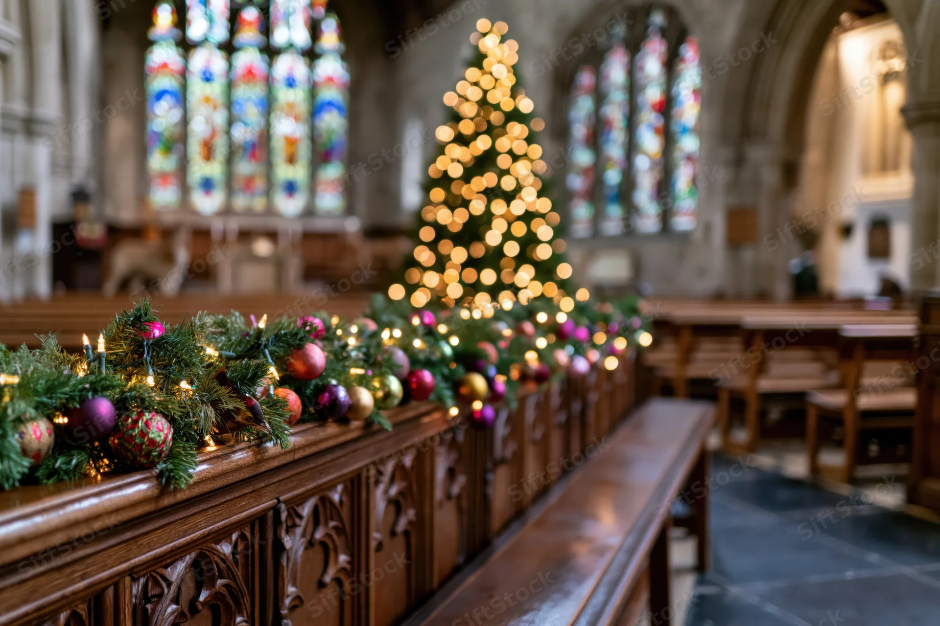 Christmas decorations on wooden pews inside a gothic stone church