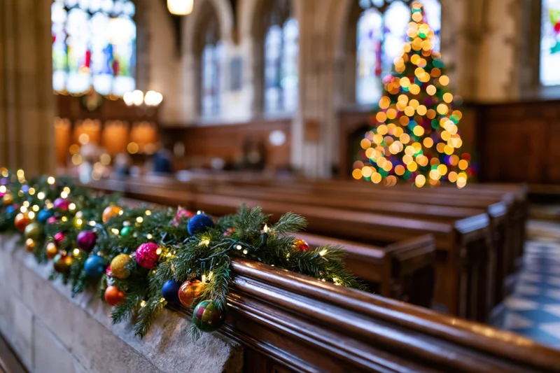Christmas decorations on wooden pews inside a gothic stone church