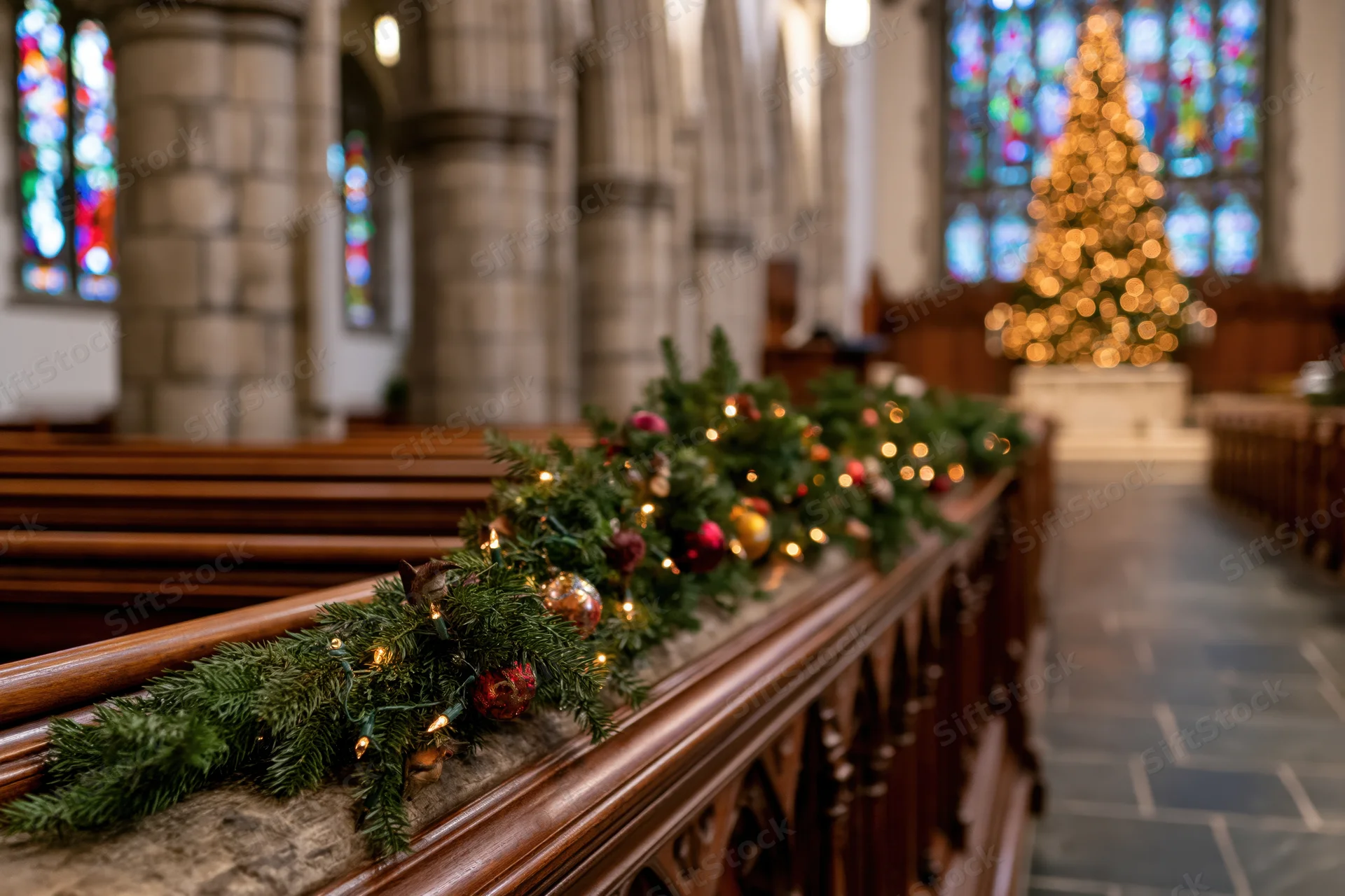 Christmas garland with lights and ornaments lining wooden pews in a gothic stone church interior
