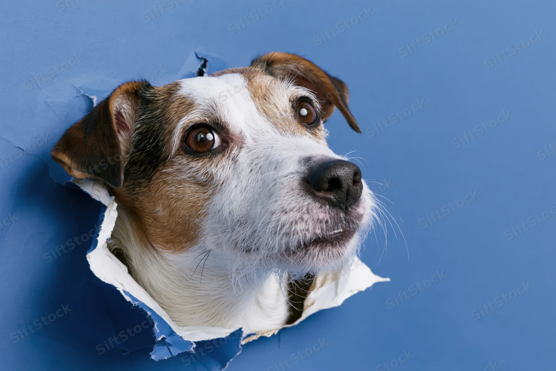 Jack russell terrier head peeking through torn hole in blue paper