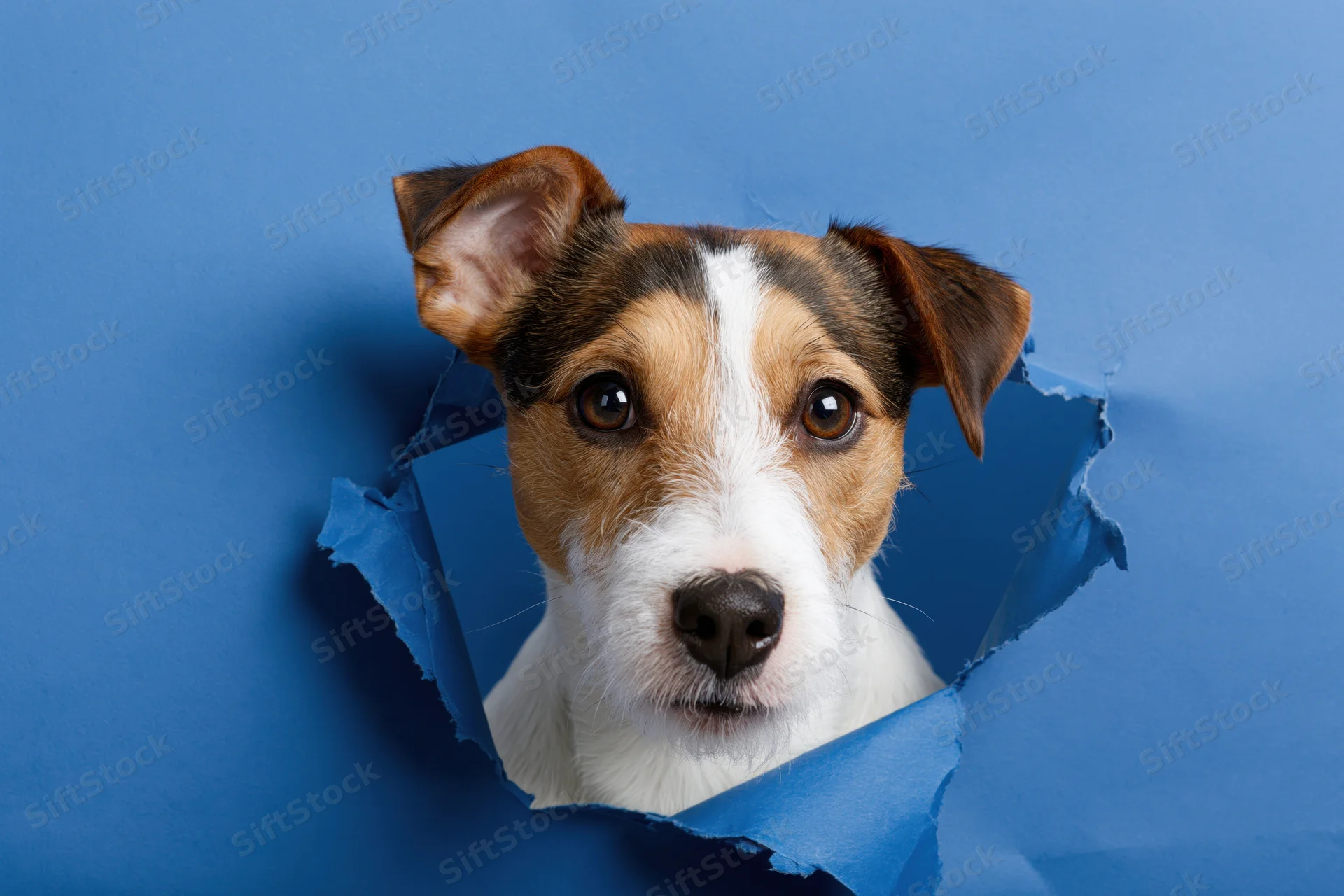 Jack russell terrier head peeking through torn hole in blue paper