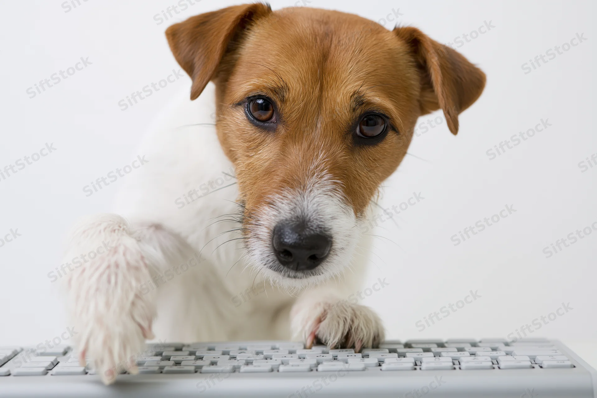 Jack russell terrier with paw on computer keyboard against white background