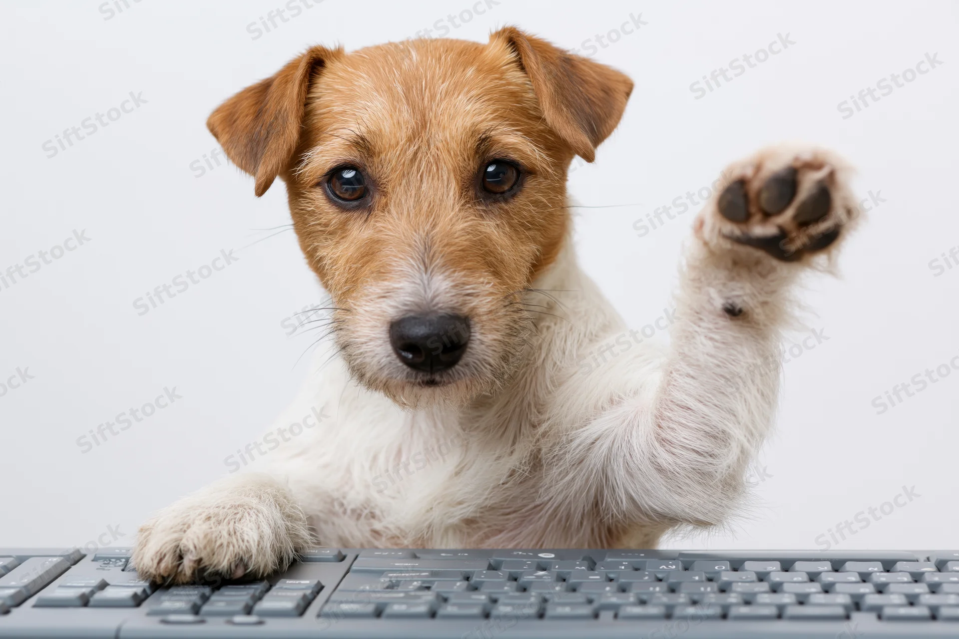 Jack russell terrier with paw raised over computer keyboard on white background