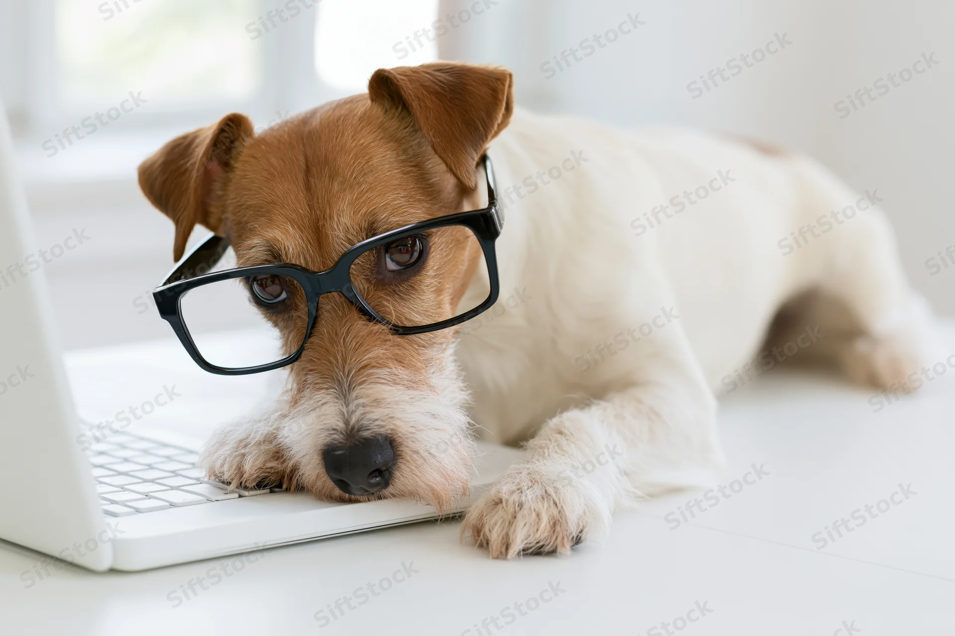 Jack russell terrier wearing black-rimmed glasses resting head on laptop keyboard at white desk