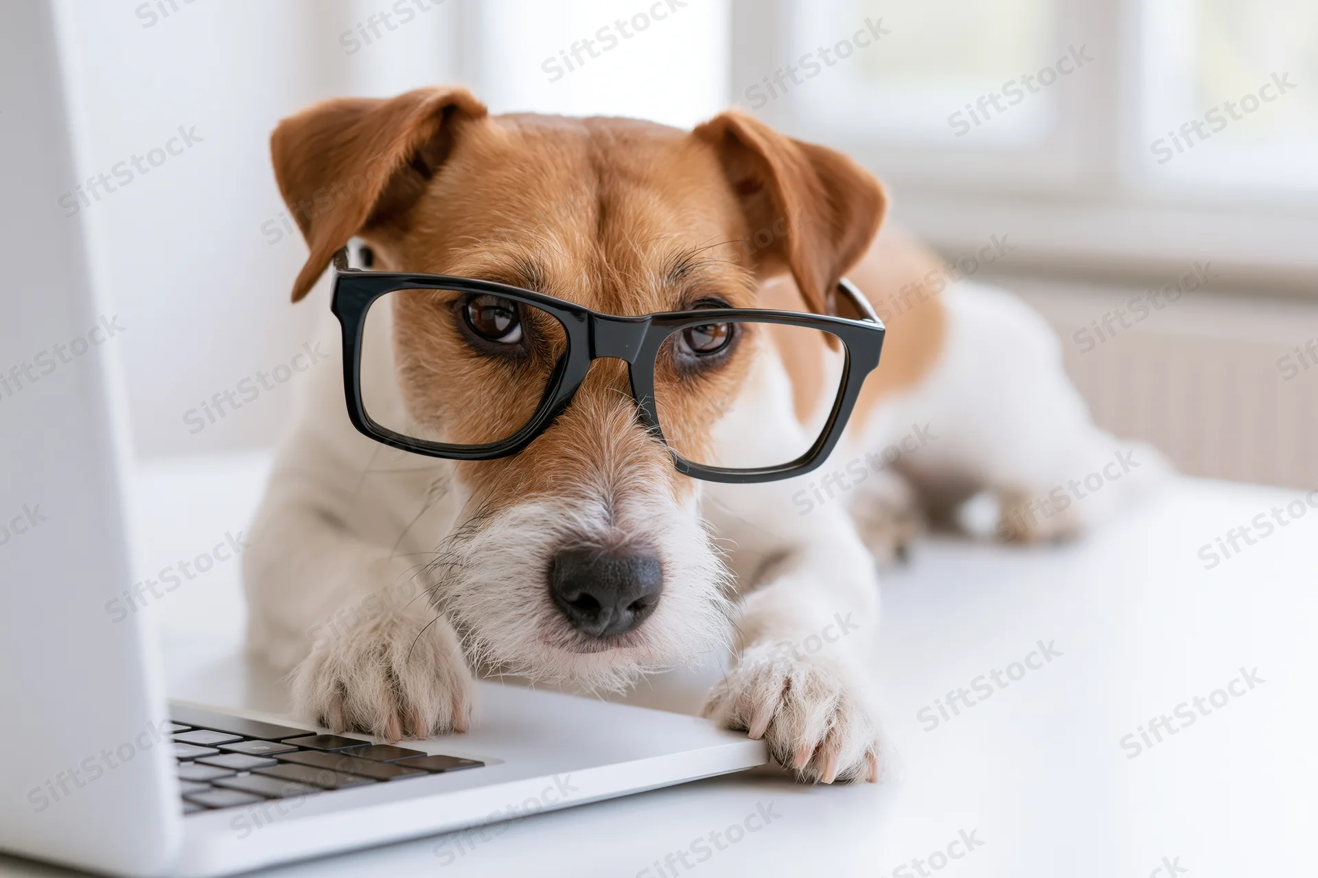 Jack russell terrier wearing oversized black-rimmed glasses focused on laptop screen at white desk