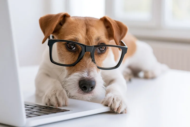Jack russell terrier wearing oversized black-rimmed glasses focused on laptop screen at white desk