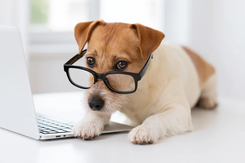 Jack russell terrier wearing black-rimmed glasses focused on laptop screen at white desk
