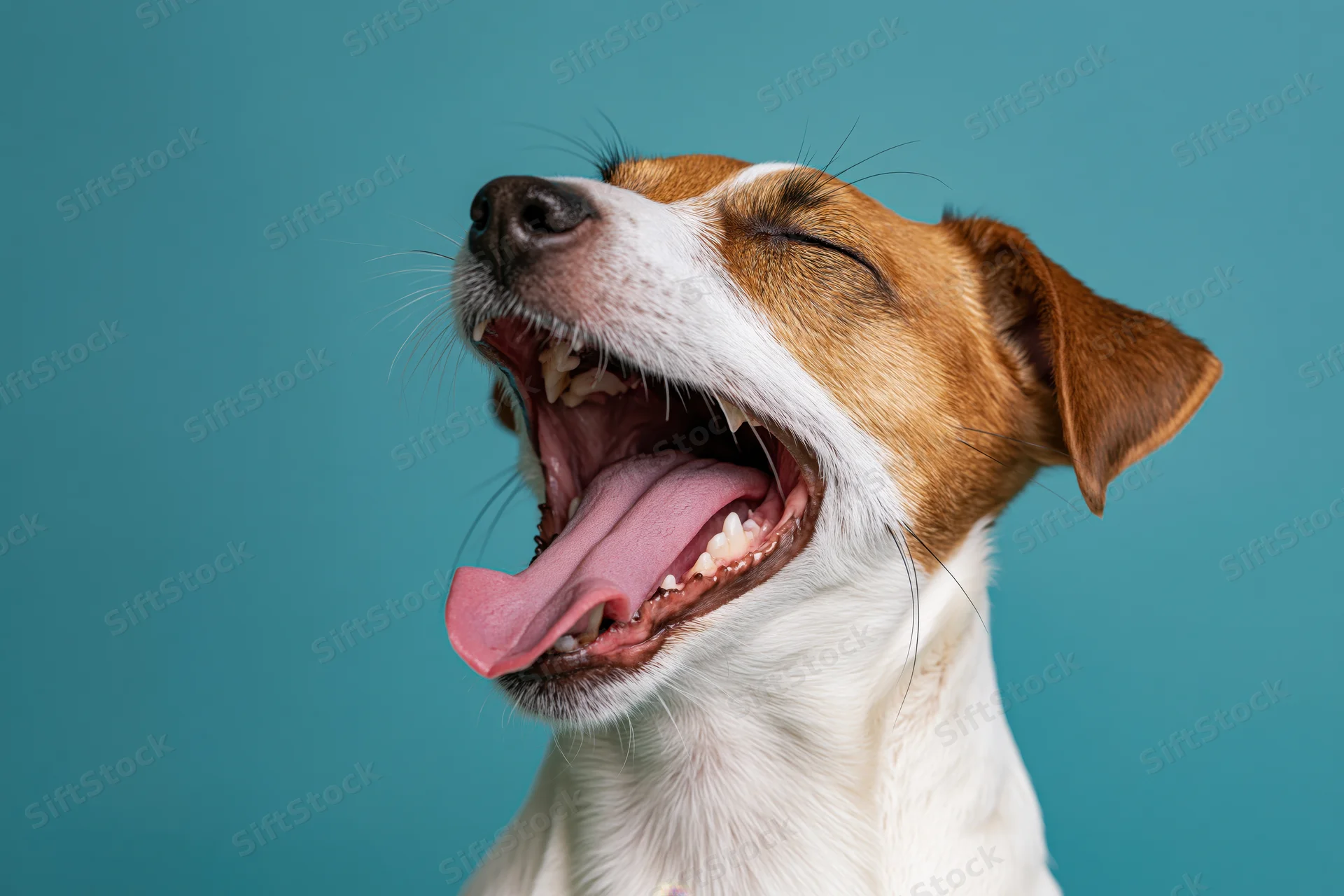 Jack russell terrier yawning with mouth wide open and eyes closed against teal background