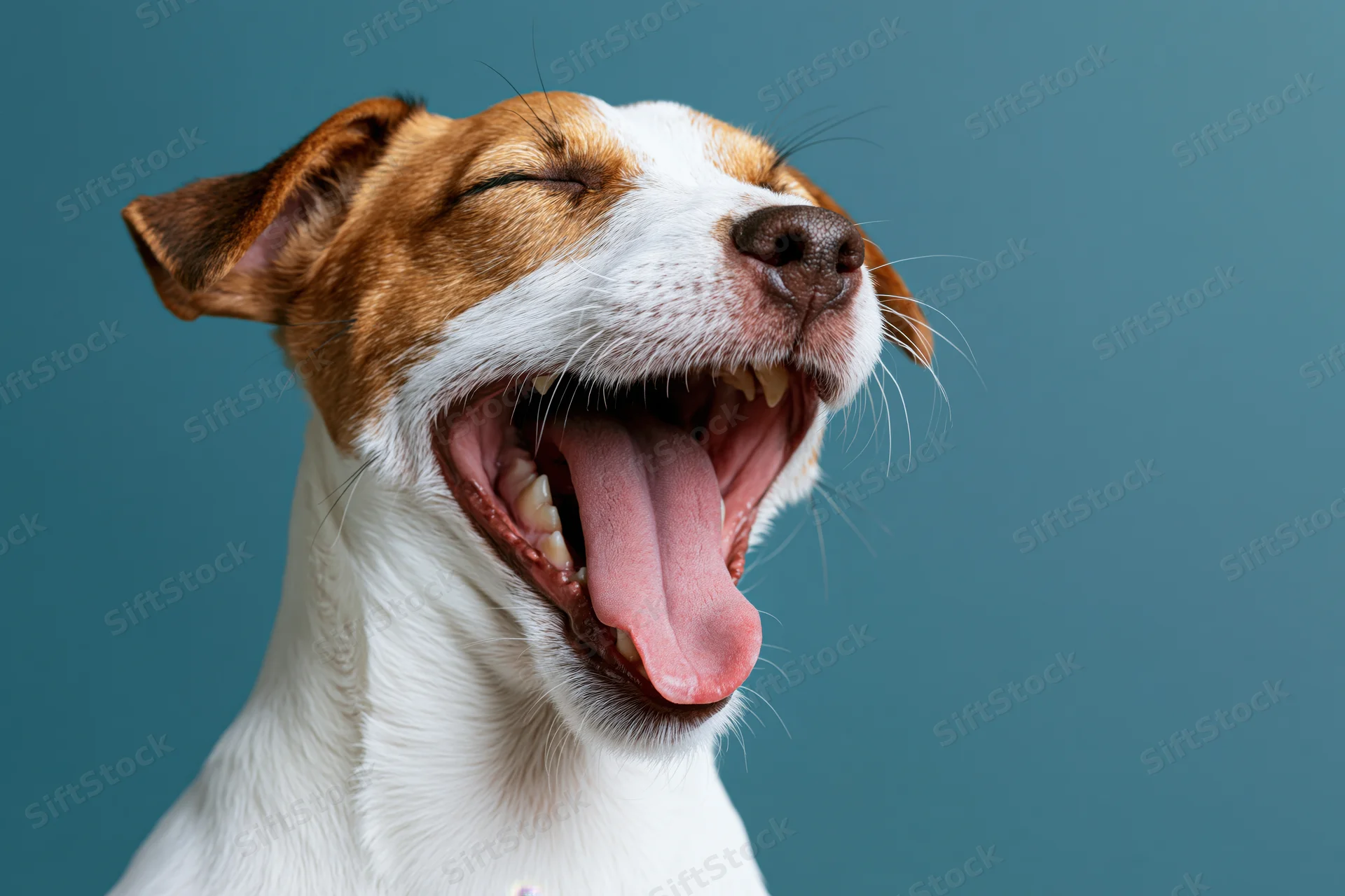 Jack russell terrier yawning with mouth wide open and eyes closed against teal background