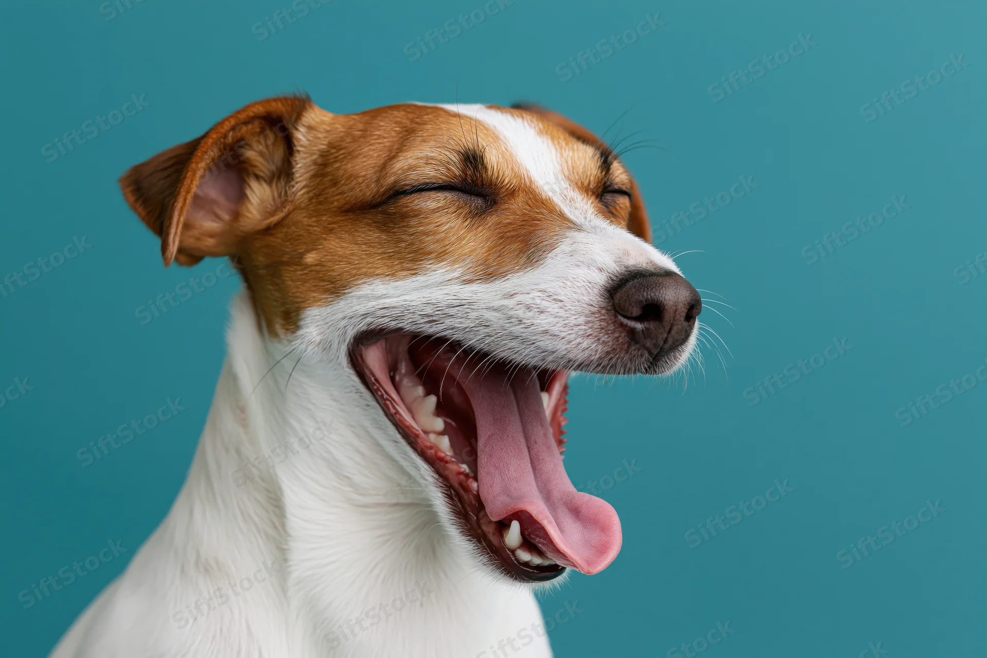 Jack russell terrier yawning with eyes closed against teal background