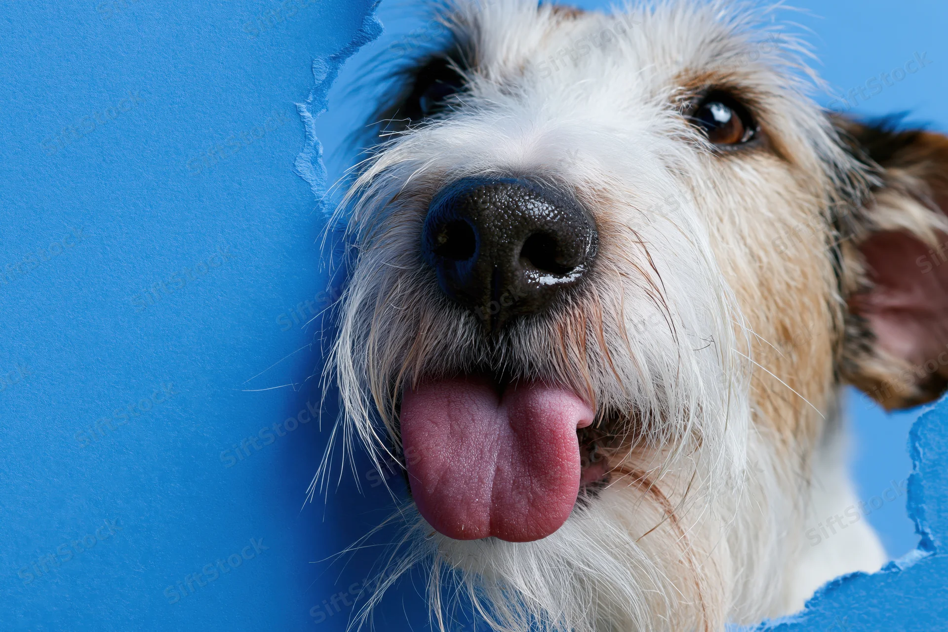 Jack russell terrier nose and tongue poking through torn blue paper