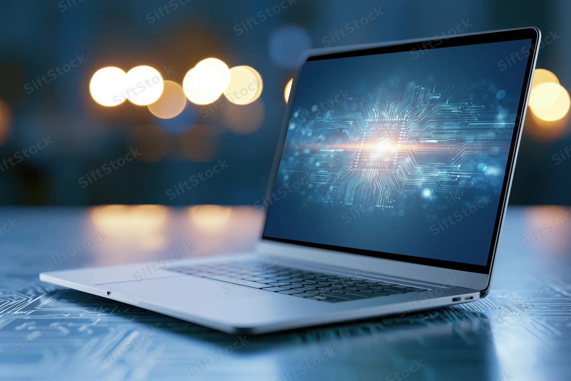 Open laptop displaying glowing circuit pattern on screen with blurred lights behind