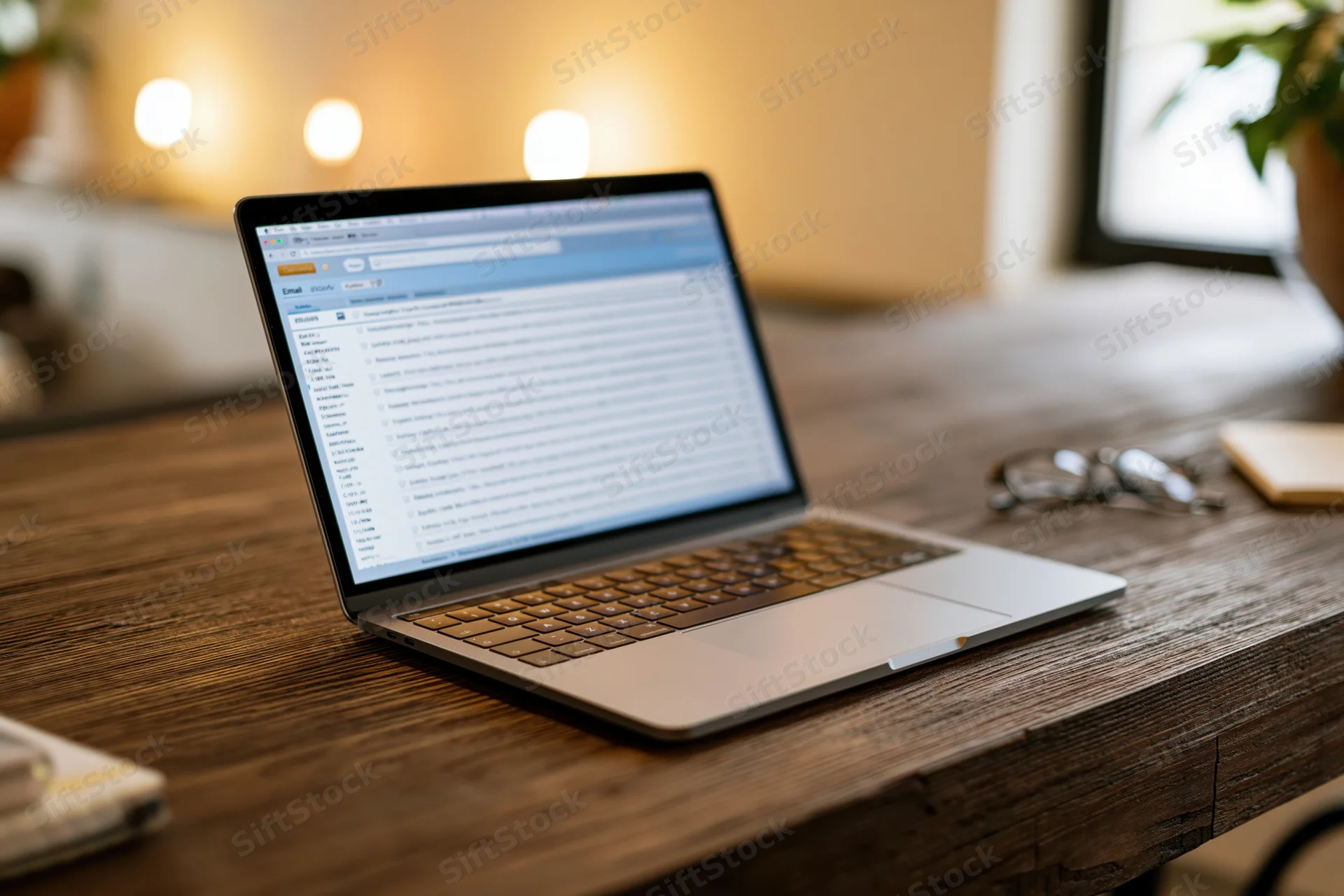 Laptop open on wooden desk displaying email client interface in home office setting