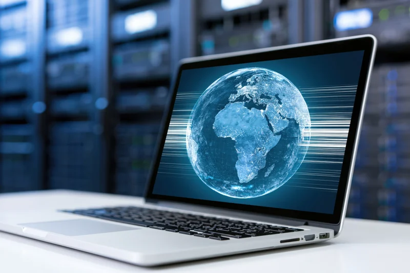 Laptop displaying digital globe on white surface in server room