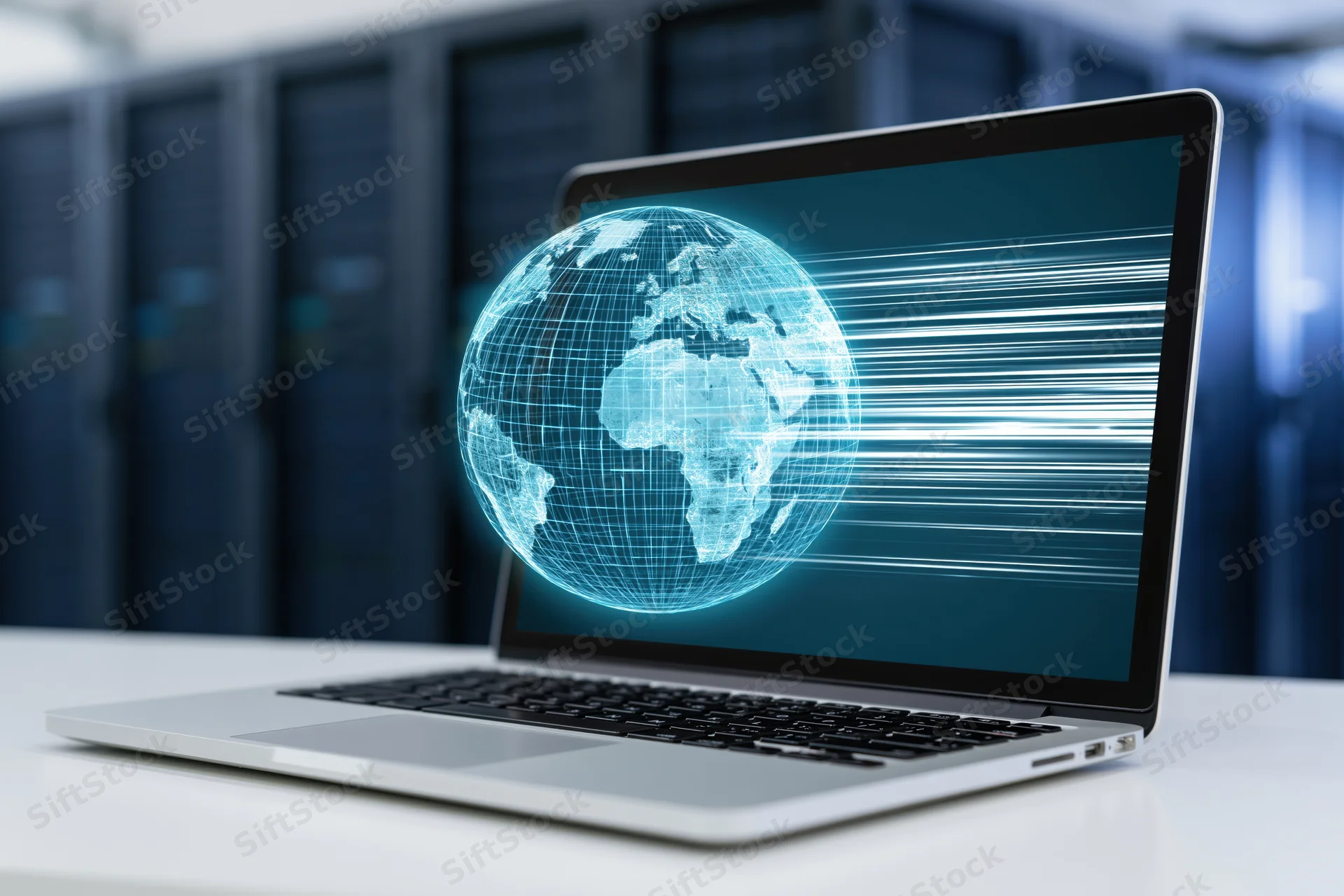 Laptop displaying glowing digital globe with data streams in front of server racks