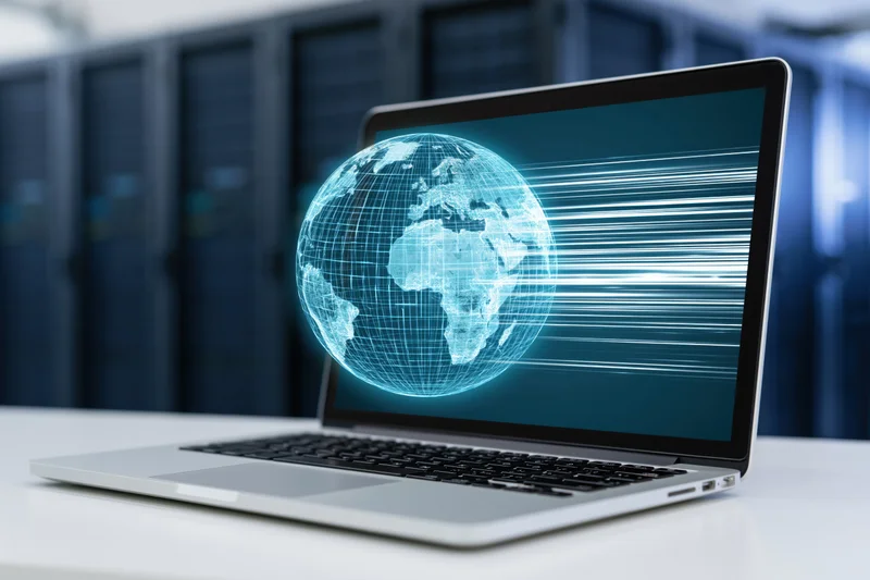 Laptop displaying glowing digital globe with data streams in front of server racks