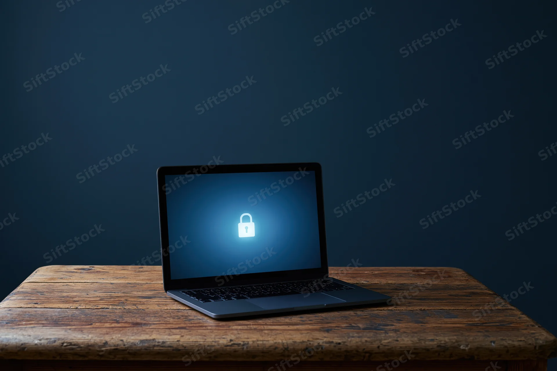 Laptop displaying a glowing lock icon on its screen on a worn wooden desk