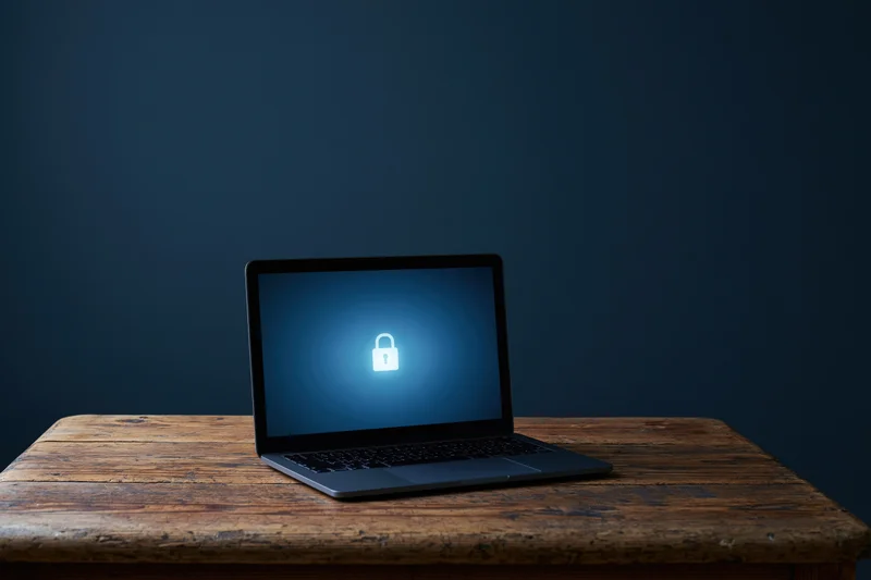 Laptop displaying a glowing lock icon on its screen on a worn wooden desk