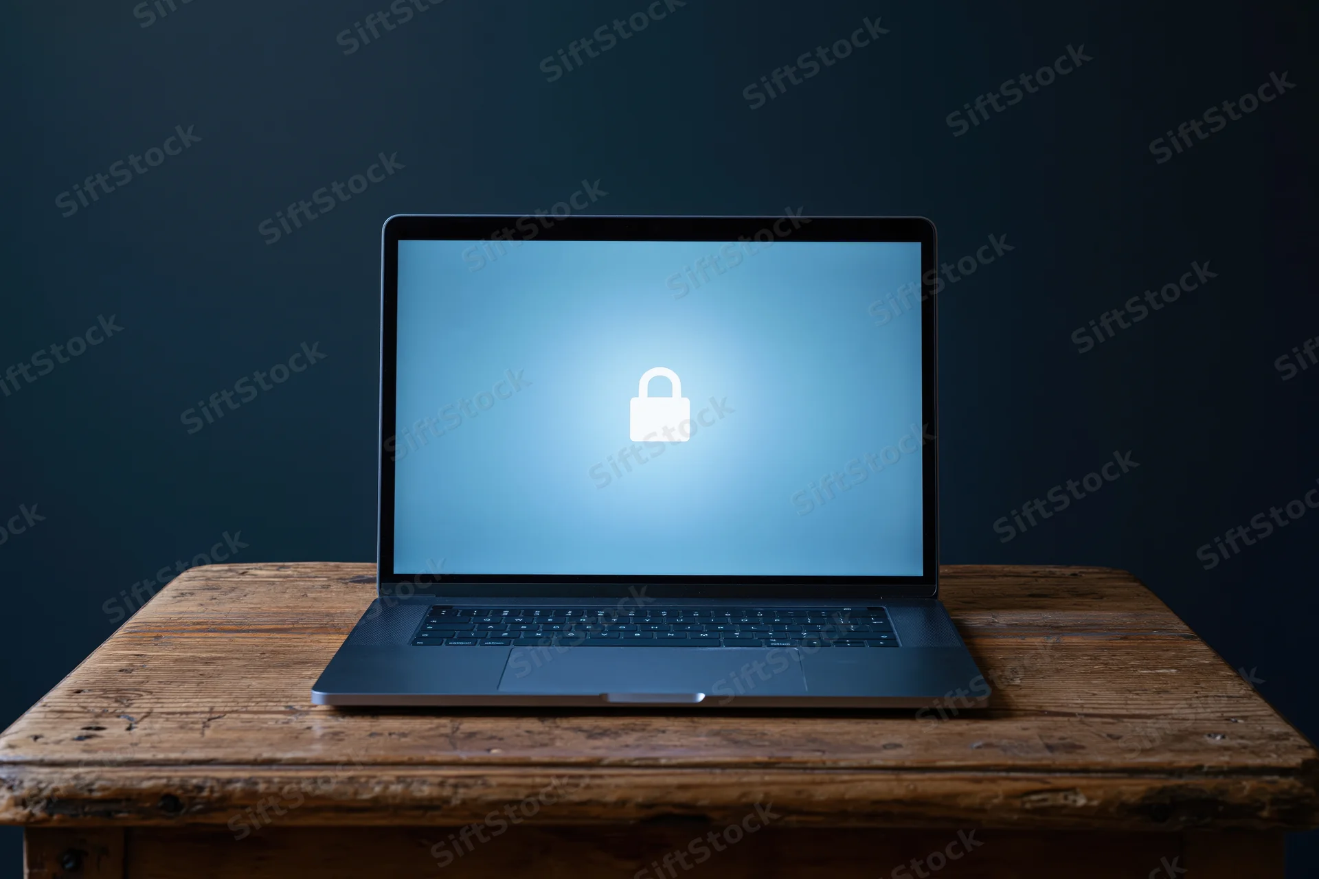 Laptop displaying lock symbol on screen on wooden desk