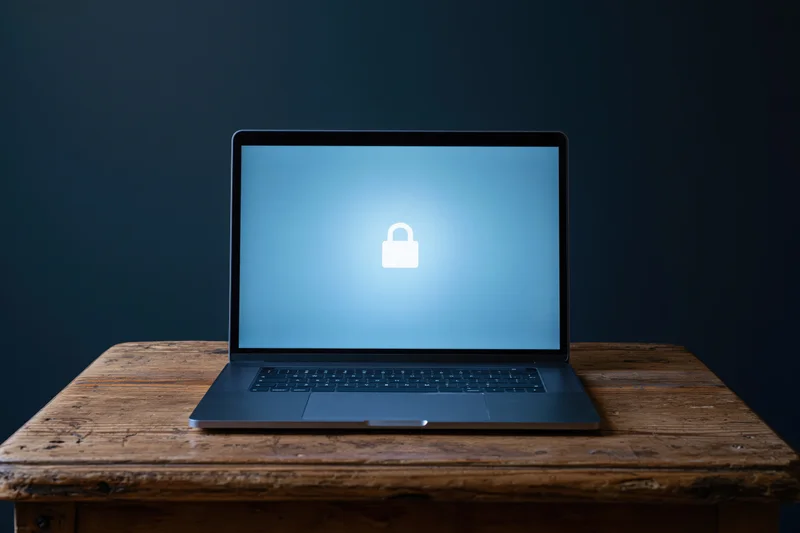 Laptop displaying lock symbol on screen on wooden desk