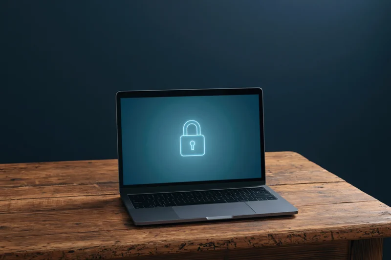 Laptop displaying glowing lock icon on screen on wooden desk