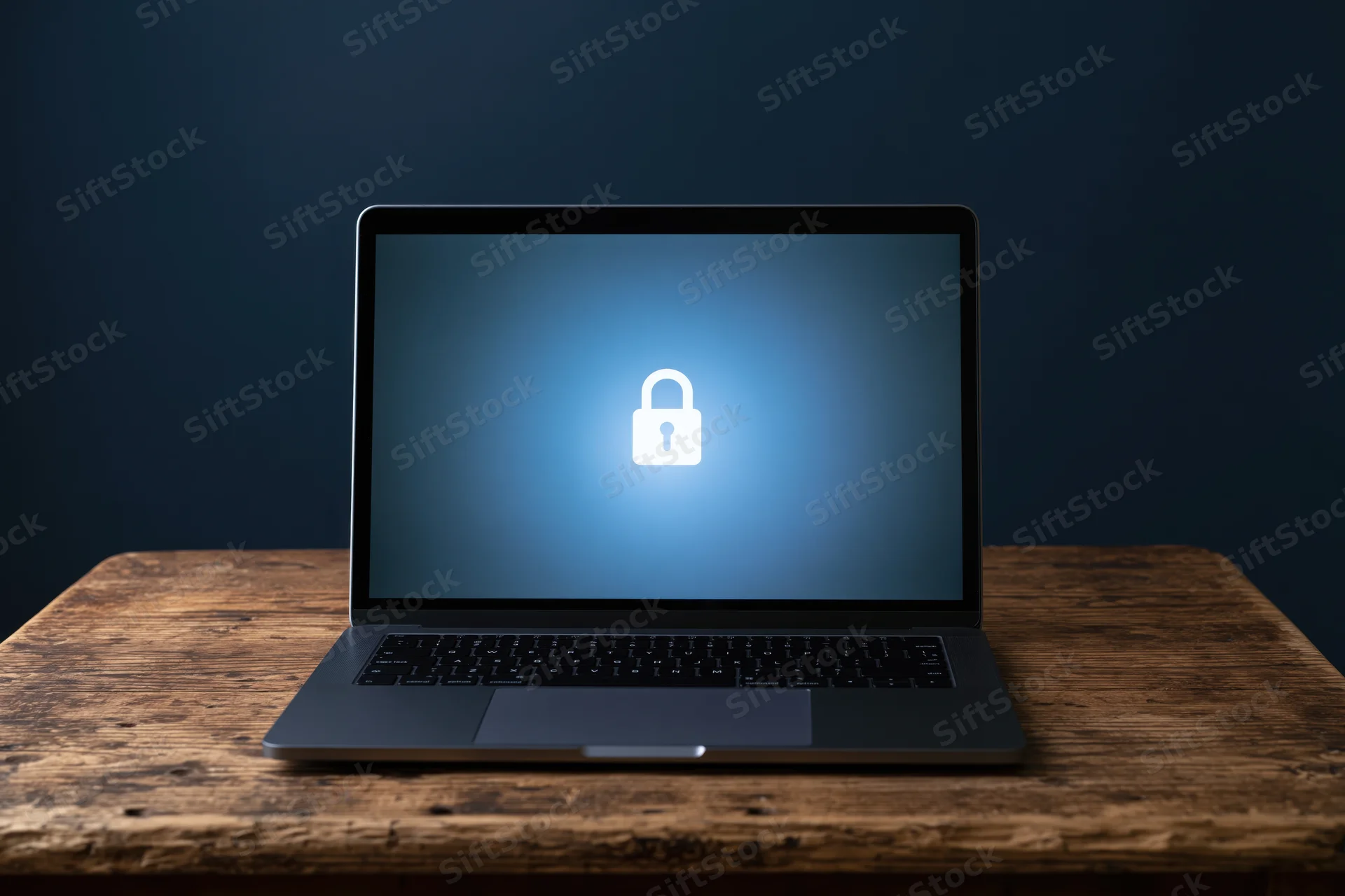 Laptop displaying a glowing lock icon on screen sitting on a wooden desk