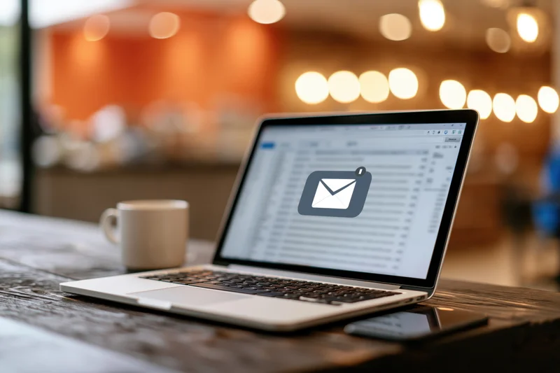 Laptop displaying email inbox on wooden desk with coffee mug and smartphone nearby
