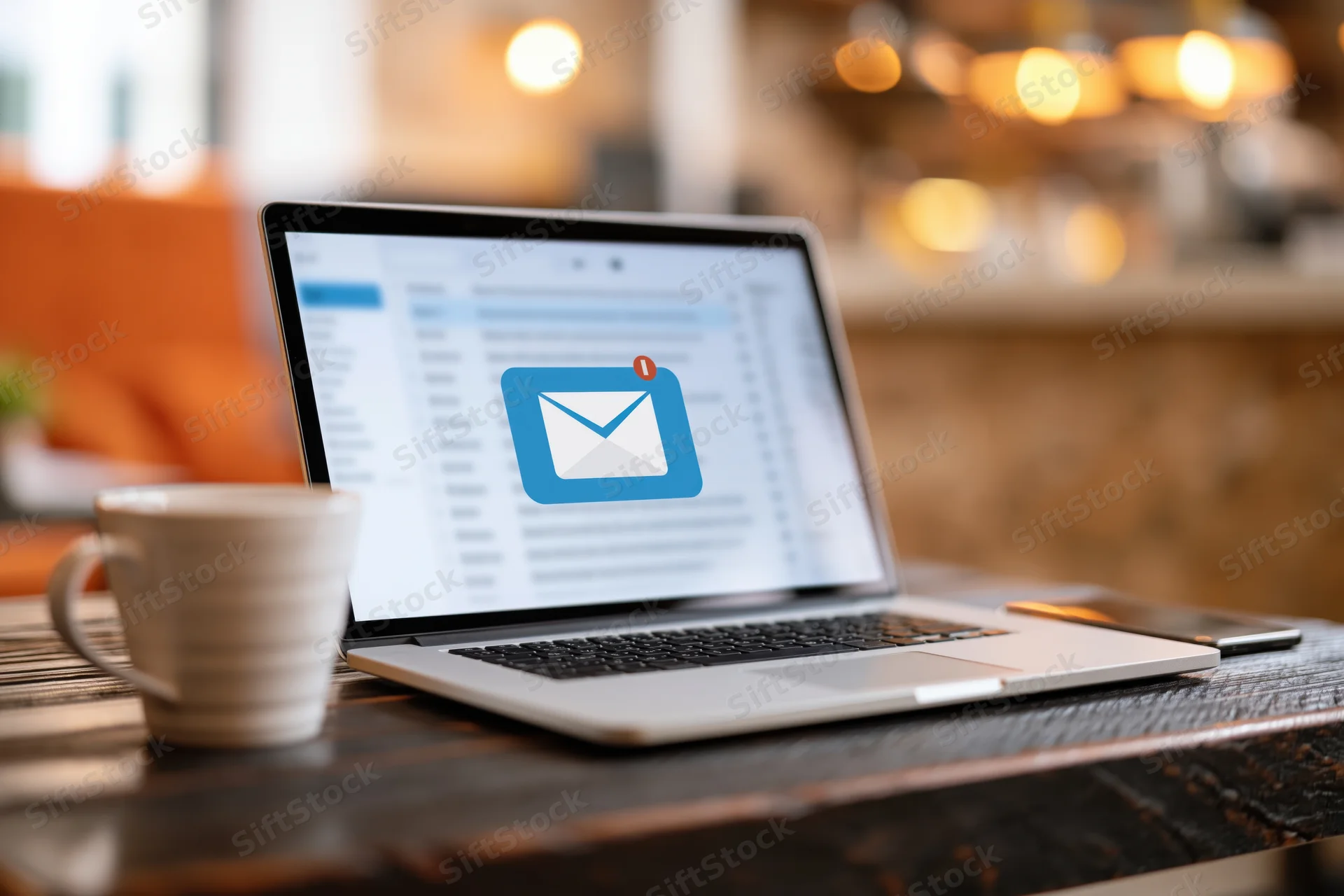 Laptop displaying email inbox with notification on dark wooden desk beside coffee mug