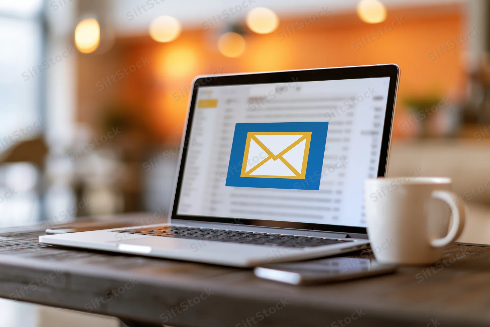 Laptop displaying email inbox on wooden desk with coffee mug and smartphone nearby
