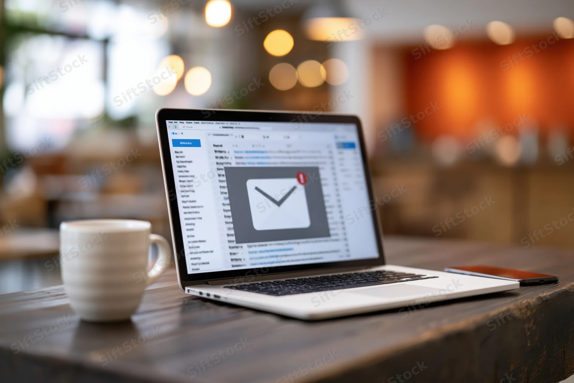 Laptop displaying email inbox on dark wooden desk in cafe setting with coffee mug and smartphone nearby