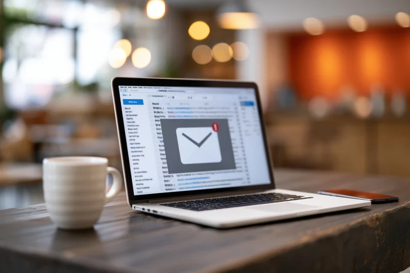 Laptop displaying email inbox on dark wooden desk in cafe setting with coffee mug and smartphone nearby