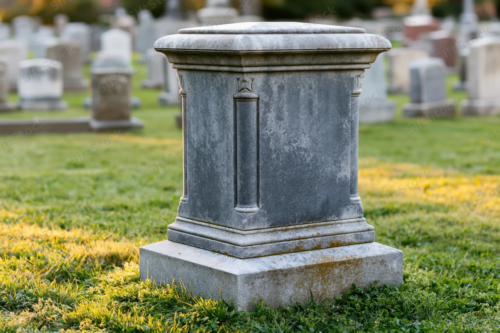 Large blank granite headstone with carved columns in a cemetery lawn
